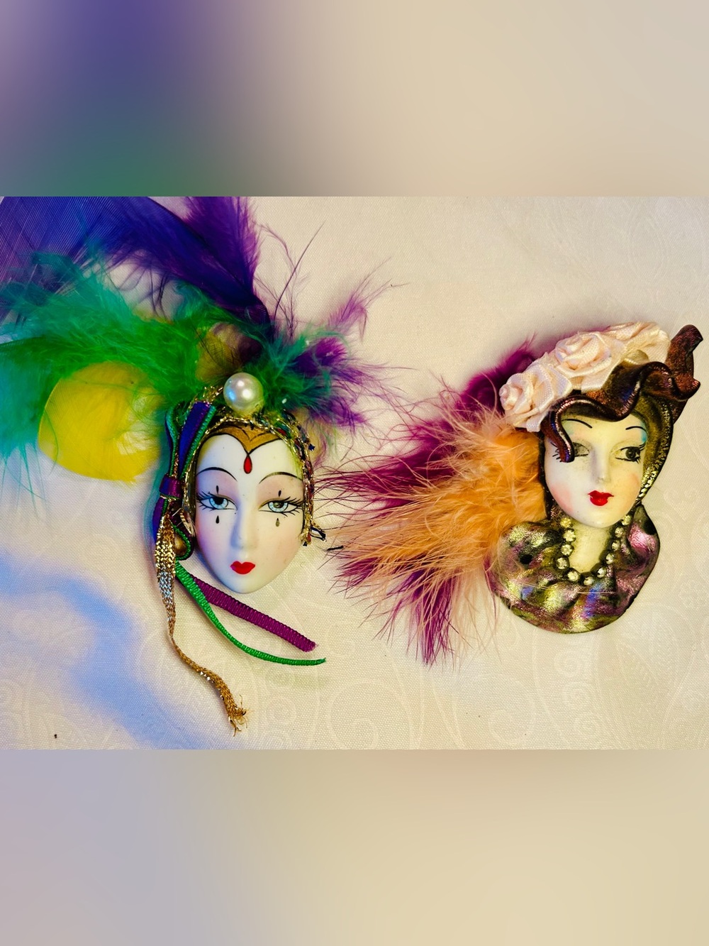 Colorful Feathered Mardi Gras Mask and Vintage Lady with Pearl Accents Pins